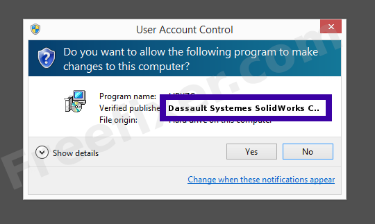 Screenshot where Dassault Systemes SolidWorks Corp. appears as the verified publisher in the UAC dialog